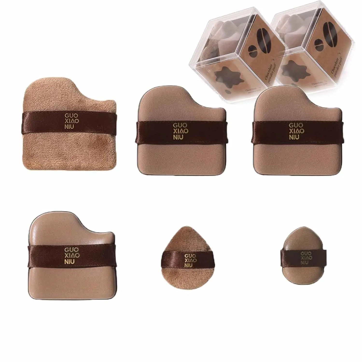 1 Box of 6 PCS Guoxiaoniu Makeup Puff, Guo Xiao Niu Makeup Puff, Chocolate Color Quick Makeup Foundation Puff Set, Foundation Sponge Puff Cushion Puff Mini Powder Puff Collection (2Box/12Pcs)