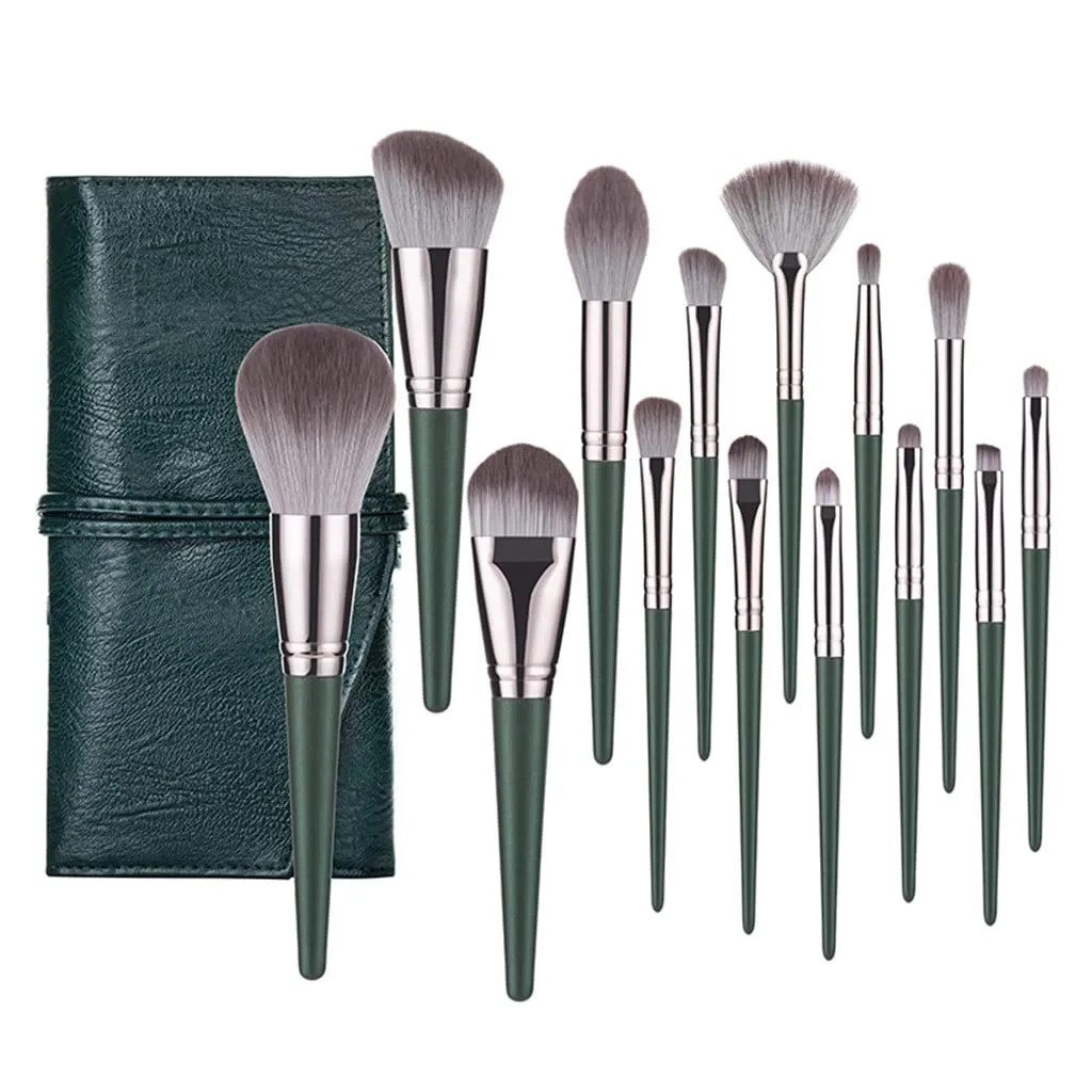 14 Brushes Set Green Large Loose Powder Highlighter Eyeshadow Foundation