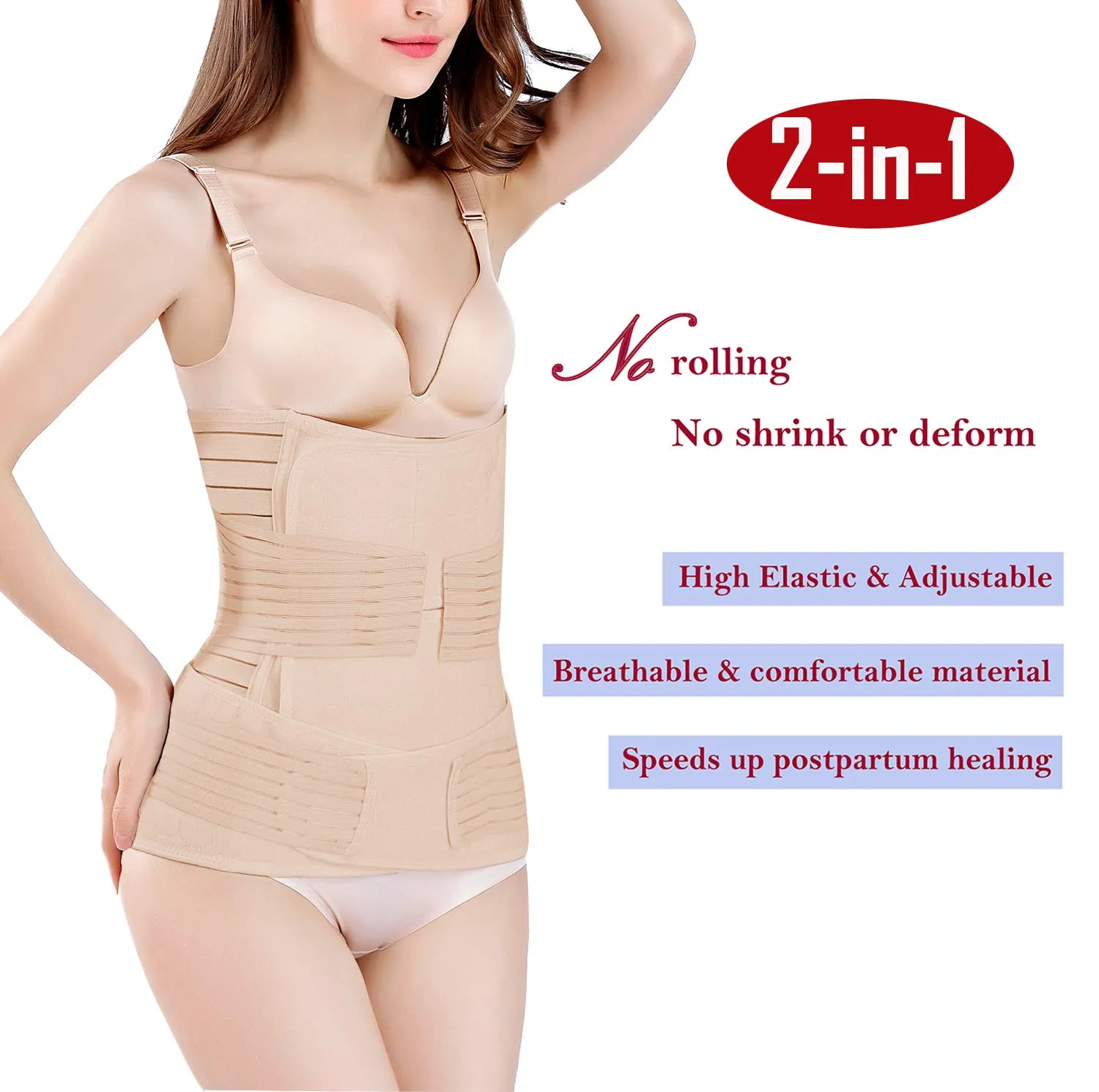 2 in 1 Postpartum Belly Band Support Recovery Belt Waist/Pelvis Belt Body Shaper Shapewear (Nude, Plus Size) Nude Plus Size (Pack of 1)