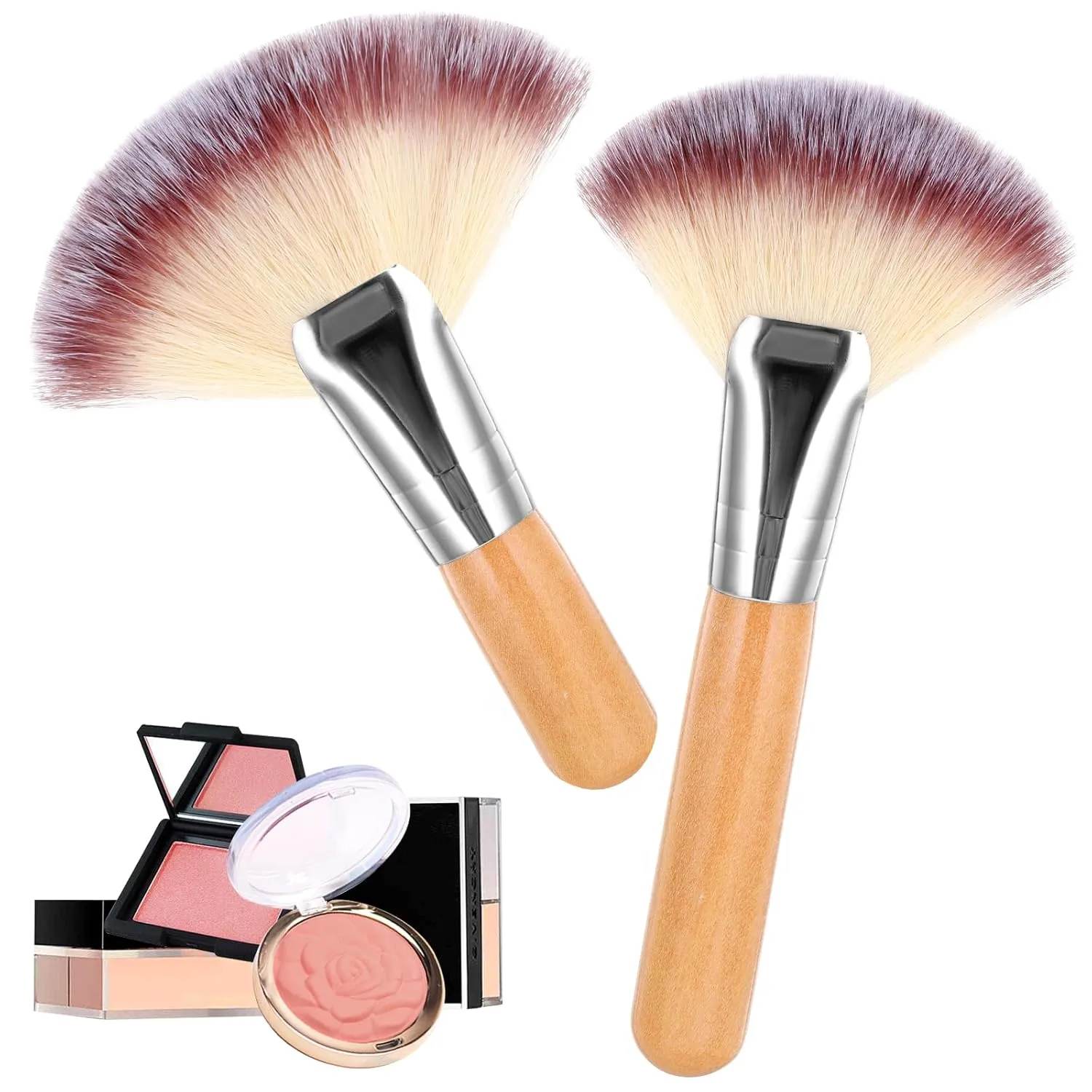2 Pack Facial Fan Brush, Facial Applicator Brush with Long and Short Handle Highlighting Make Up Brush Lash Brush Cosmetic Tools for Loose Powder Highlighting Blush
