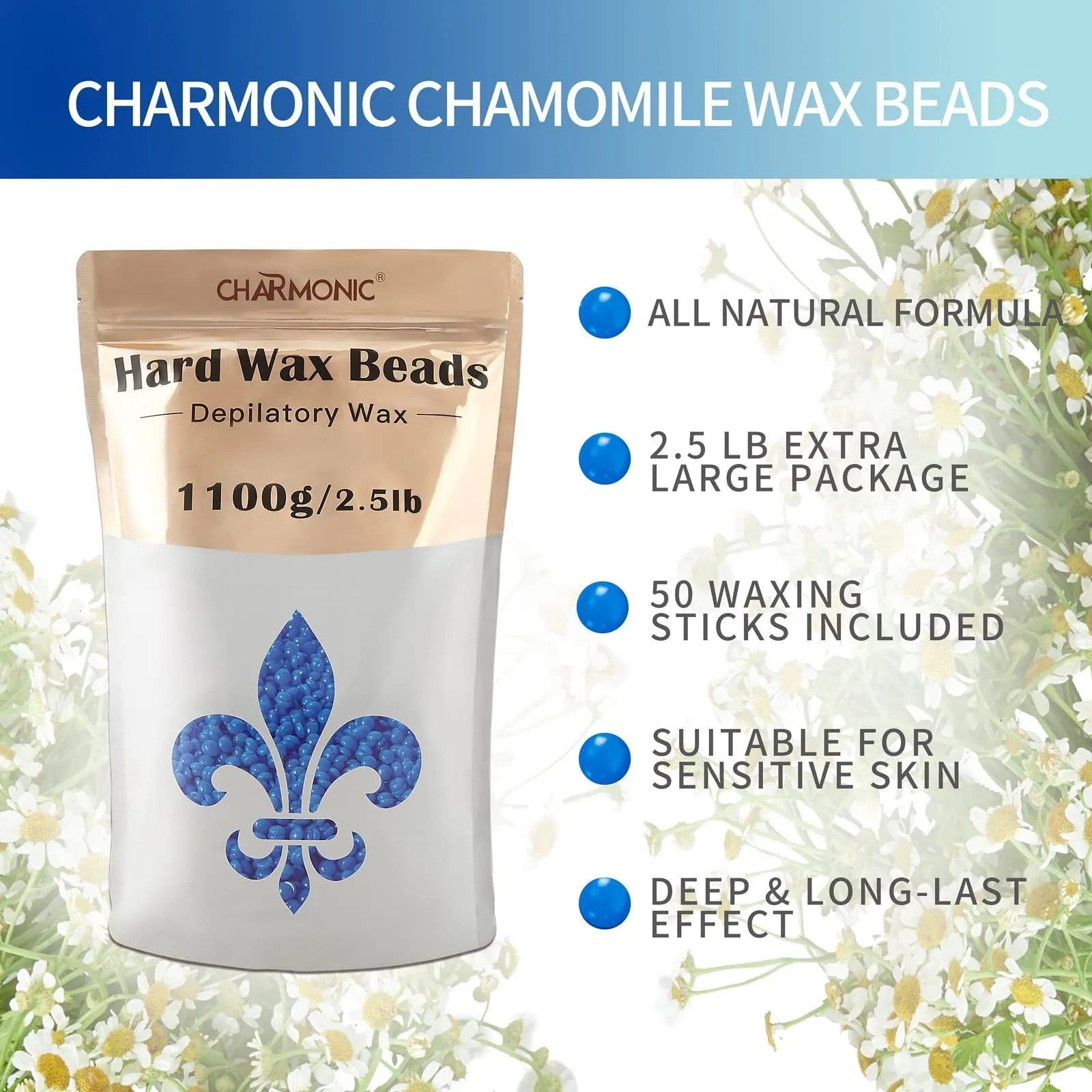 2.5 lb/1100g Wax Beads, Hard Wax Kit with 2 Wax Treatment Oils, Hard Wax Beads for Legs Underarm Face Bikini, and Brazilian Hair Remover, Women and Men Hair Removal Wax Beans Include 50 Waxing Sticks