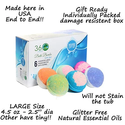 360Feel Bath Bombs Gift Set 6 Large USA made -Made with Essential Oil -All Natural Organic Bath Fizzies- Gift ready box - Aromatherapy Organic Bath Bomb for Women Men and Kids - Gift ready box