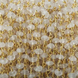 4mm Cream Moonstone native faceted rondelle Gold Chain by the foot