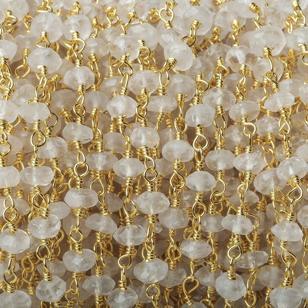 4mm Cream Moonstone native faceted rondelle Gold Chain by the foot