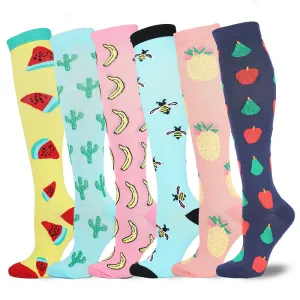 6 Pairs Knee-High Compression Socks Fruits Bee Cactus Pattern Sports Stockings