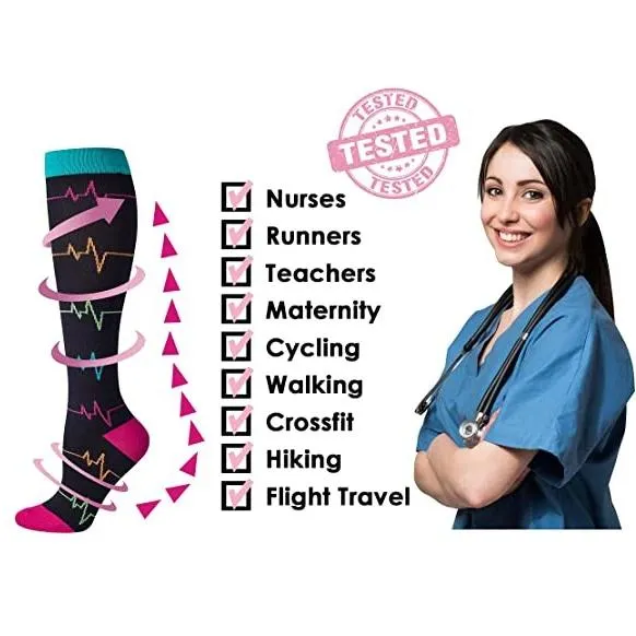 6 Pairs Knee-High Compression Socks Fruits Bee Cactus Pattern Sports Stockings
