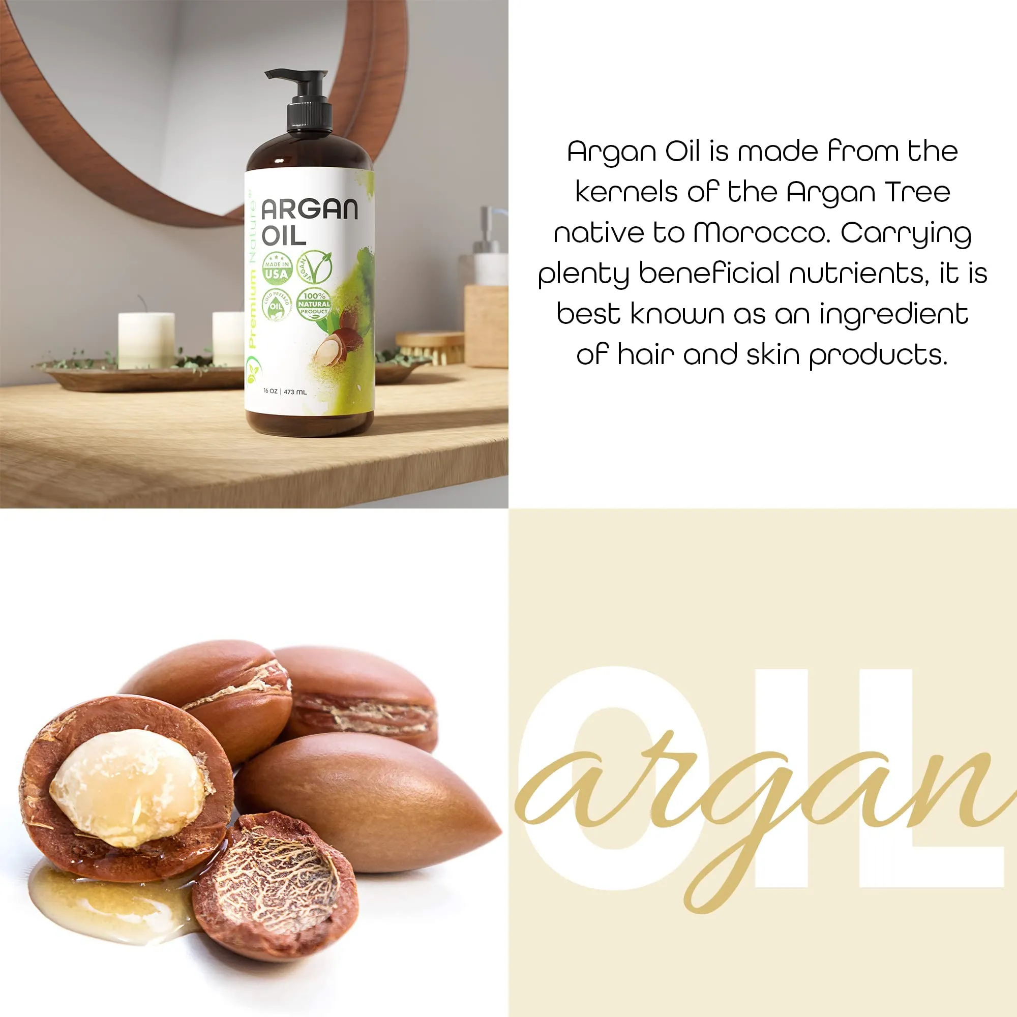 Argan Oil for Dry, Damaged, Curly and Frizzy Hair Growth - Organic Hair and Skin Serum from Morocco, 16 oz Pure Cold Pressed