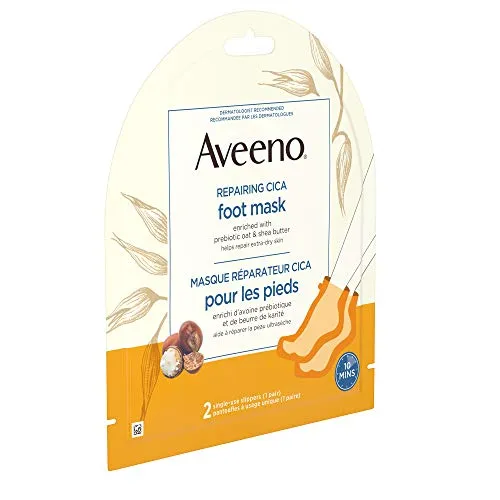 Aveeno Repairing CICA Foot Mask with Prebiotic Oat and Shea Butter, Dry Skin Moisturizer, 2 Single Use Slippers (1 pair)