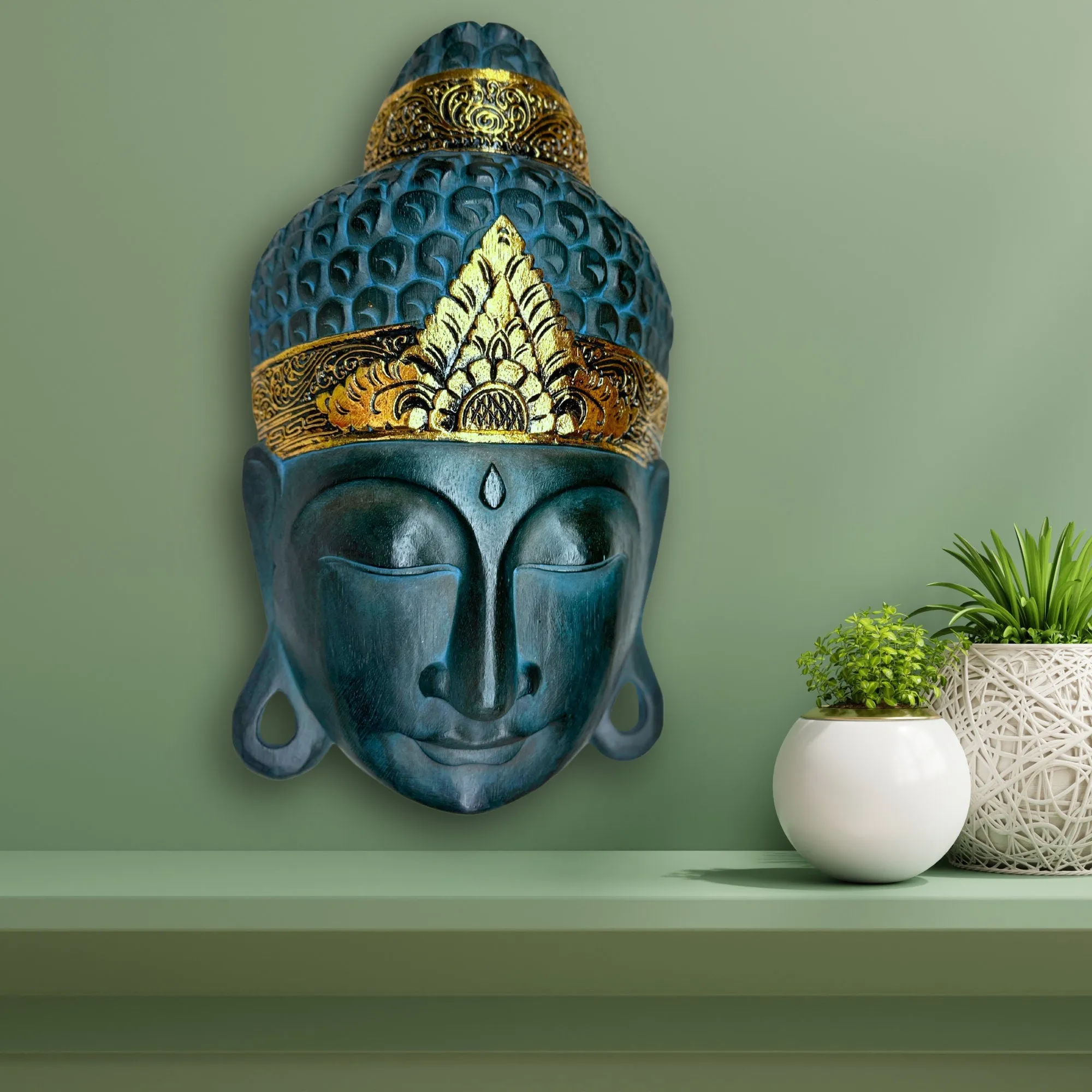 Balinese Buddha Mask Wooden Mask wall art sculpture Bali Hand Carved Wood Asian Home Decor Folk Art Teal Gold