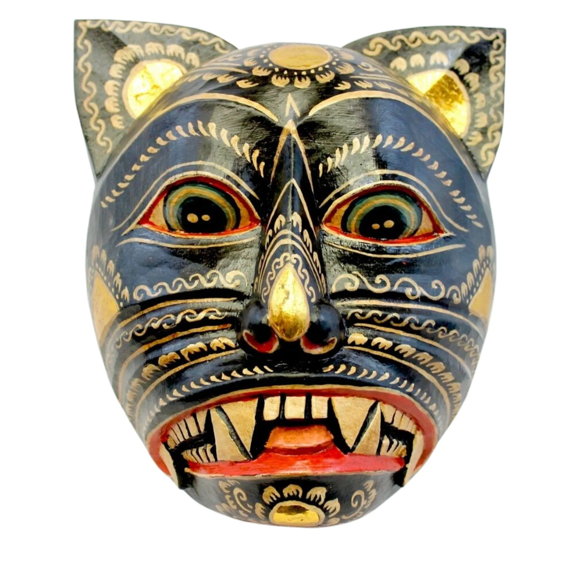 Balinese Mask Black Cat Feline Panther Wooden Mask Bali Folk Art hand carved wood Carving Wall Art Decor