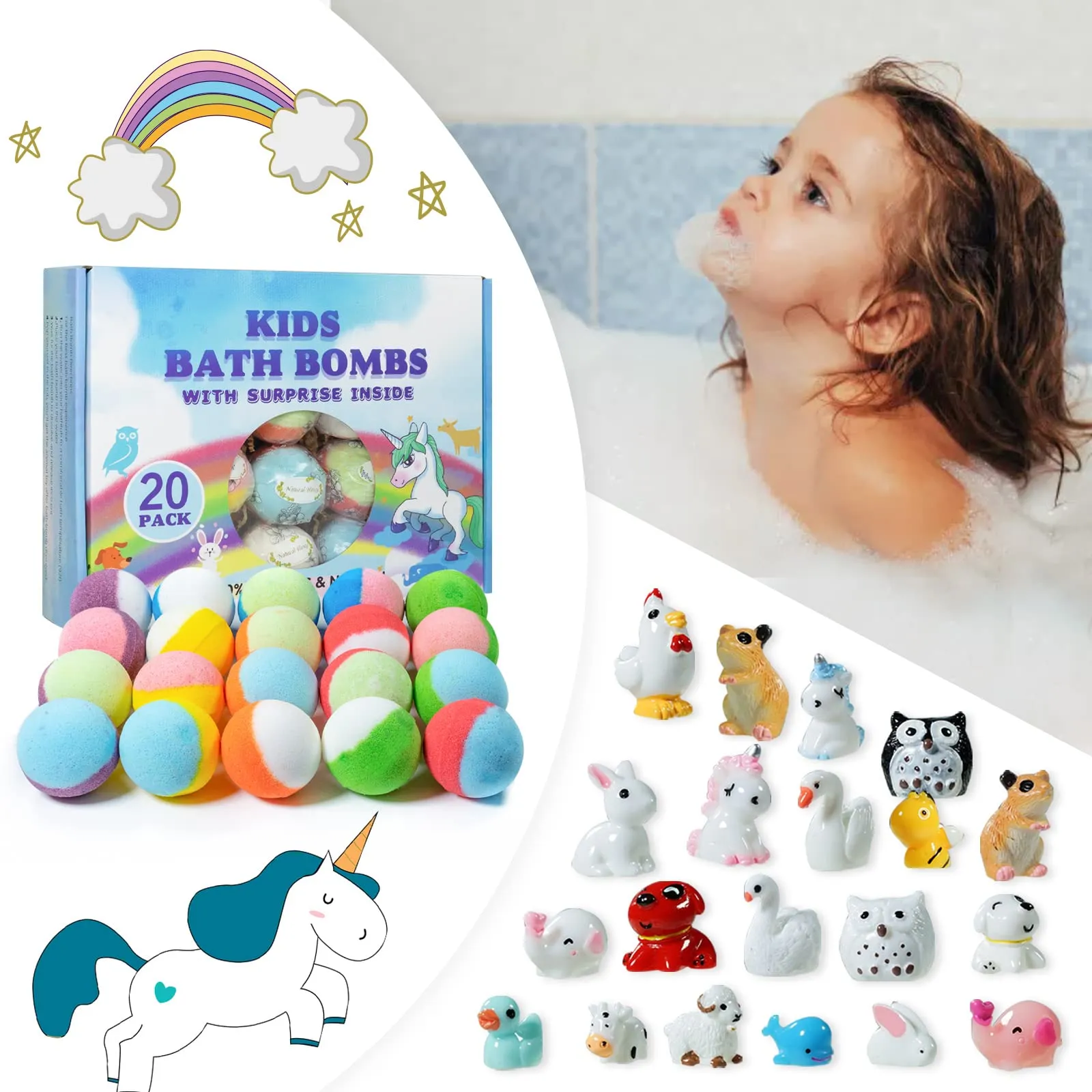 Bath Bomb Gift Set with Toys Inside, 20 Pack Organic Bath Bombs for Kids, Kids Safe Handmade Fizzy Balls for Kid, Ideal Birthday Gift for Boys & Girls