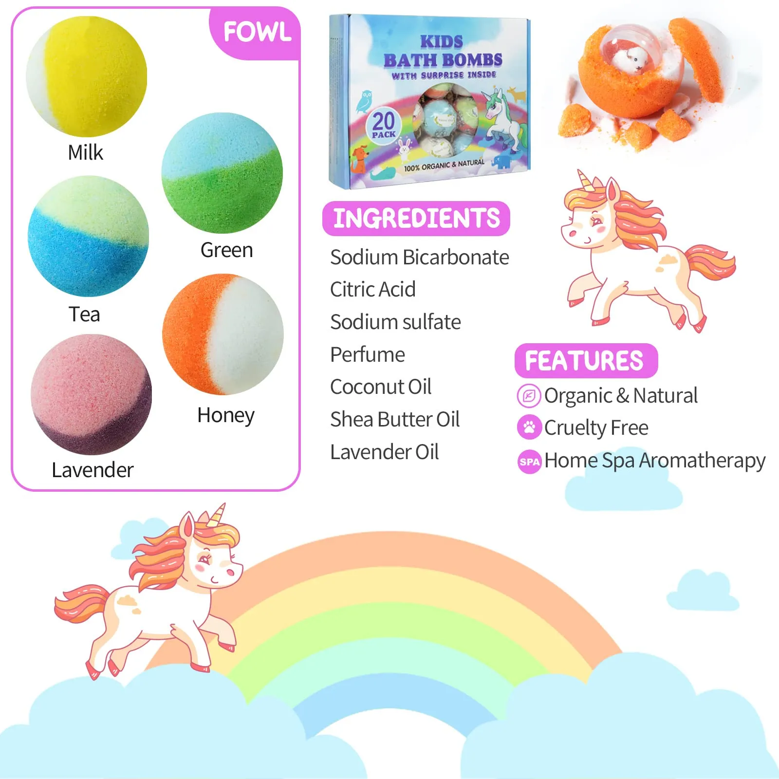 Bath Bomb Gift Set with Toys Inside, 20 Pack Organic Bath Bombs for Kids, Kids Safe Handmade Fizzy Balls for Kid, Ideal Birthday Gift for Boys & Girls