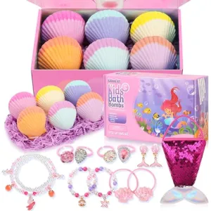 Bath Bombs for Kids with Surprise Inside, 6 PCS Oversized Handmade Mermaid Bath Bombs for Girls & Toddlers Aged 3-12, Jewelry Toys Gift for Birthday, Christmas
