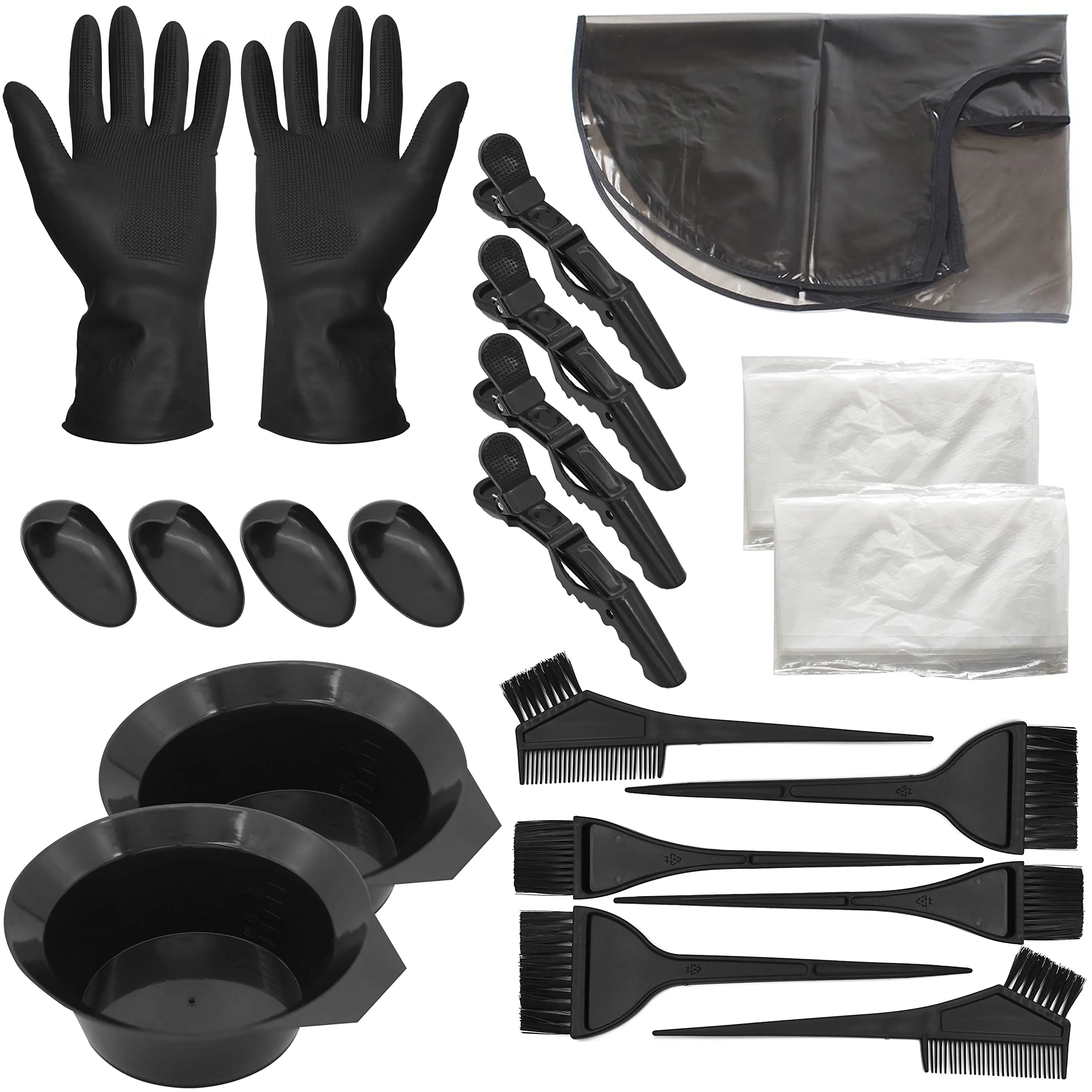 Beayuer 21 Pieces Hair Dye Tools, DIY Salon Hair Coloring Bleaching Tools Set including Hair Tinting Bowl, Dye Brush, Ear Cover, Hair Highlighting Cape, Shawl, Gloves, Hair Clip Kits (21 Pcs, Black) 21 Count (Pack of 1)