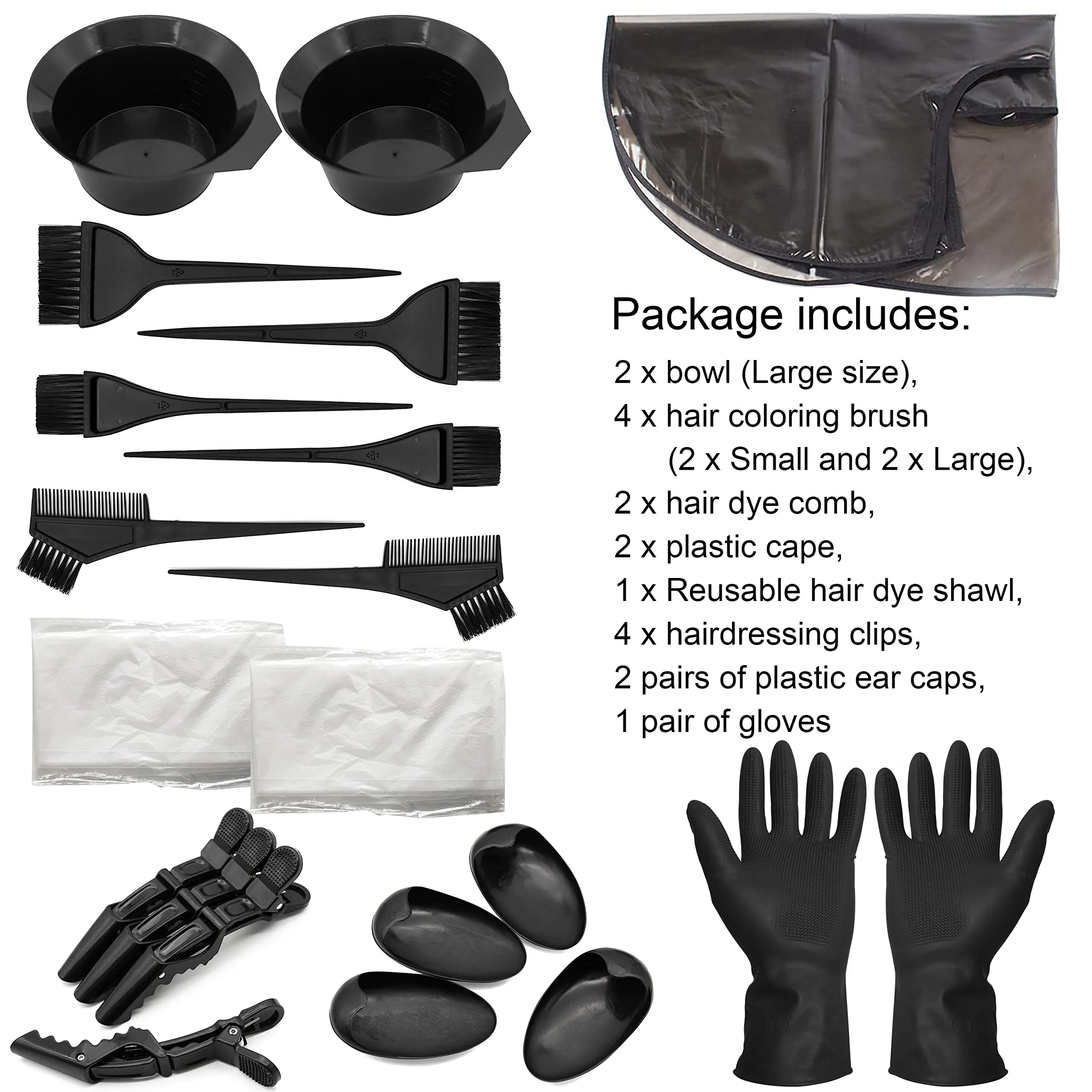 Beayuer 21 Pieces Hair Dye Tools, DIY Salon Hair Coloring Bleaching Tools Set including Hair Tinting Bowl, Dye Brush, Ear Cover, Hair Highlighting Cape, Shawl, Gloves, Hair Clip Kits (21 Pcs, Black) 21 Count (Pack of 1)