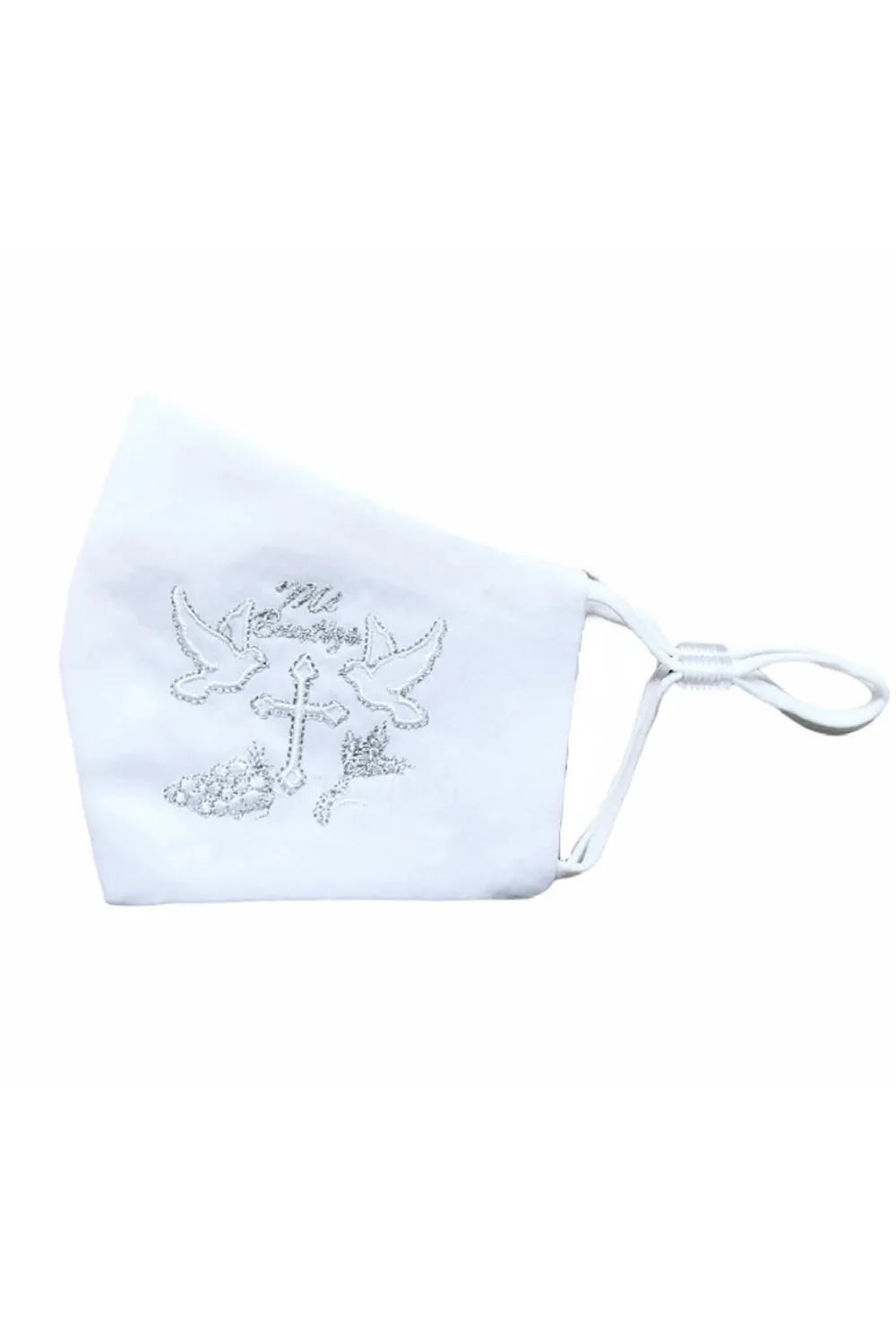 Big Girls White Cross Holly Spirit Mi Bautizo Embroidered Satin Mask