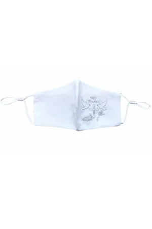 Big Girls White Cross Holly Spirit Mi Bautizo Embroidered Satin Mask