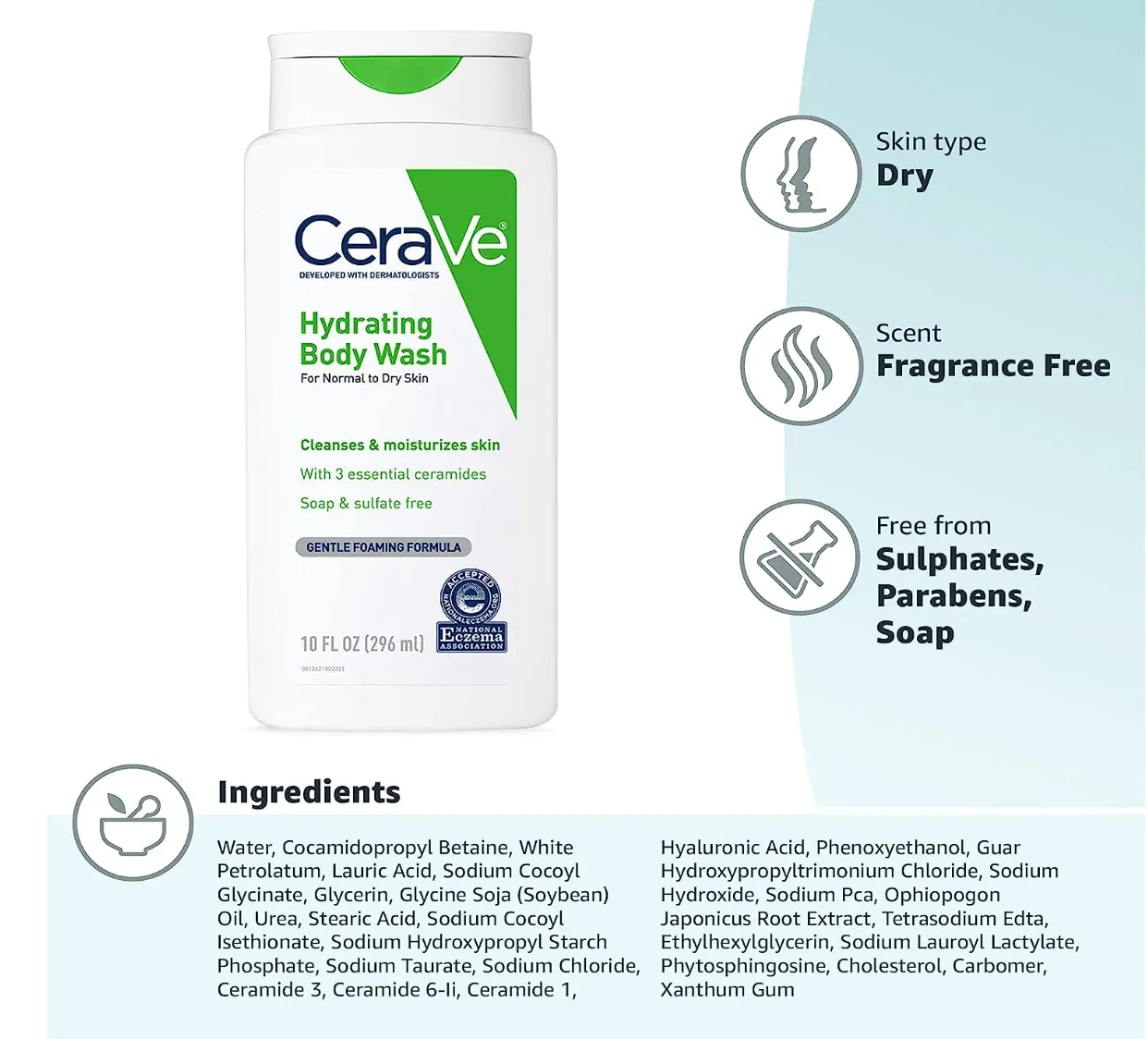 CeraVe Body Wash for Dry Skin | Moisturizing Body Wash with Hyaluronic Acid and Ceramides | Paraben, Sulfate & Fragrance Free | 10 Ounce