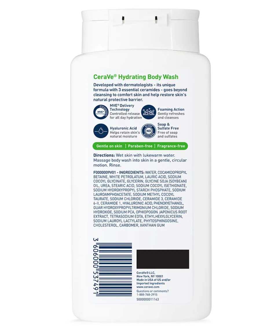 CeraVe Body Wash for Dry Skin | Moisturizing Body Wash with Hyaluronic Acid and Ceramides | Paraben, Sulfate & Fragrance Free | 10 Ounce