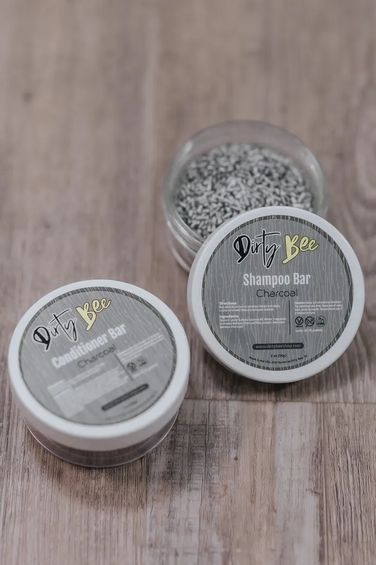 Dirty Bee Shampoo & Conditioner Bar Set with Travel Containers in Charcoal