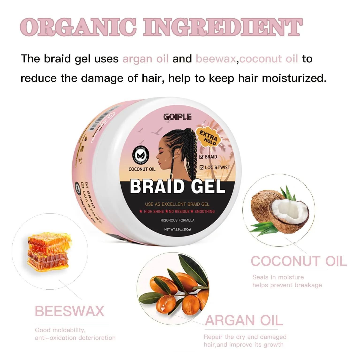 Extra Hold Braid Gel Braid Mousse Tames Frizz Smoothing Gel Good for Twist, Locs, Braids, Cornrows Edge Control, Extra Hold Braiding Gel & Rosemary Hair Growth Oil(Hair Combs Hair Bonnet Hair Clips)