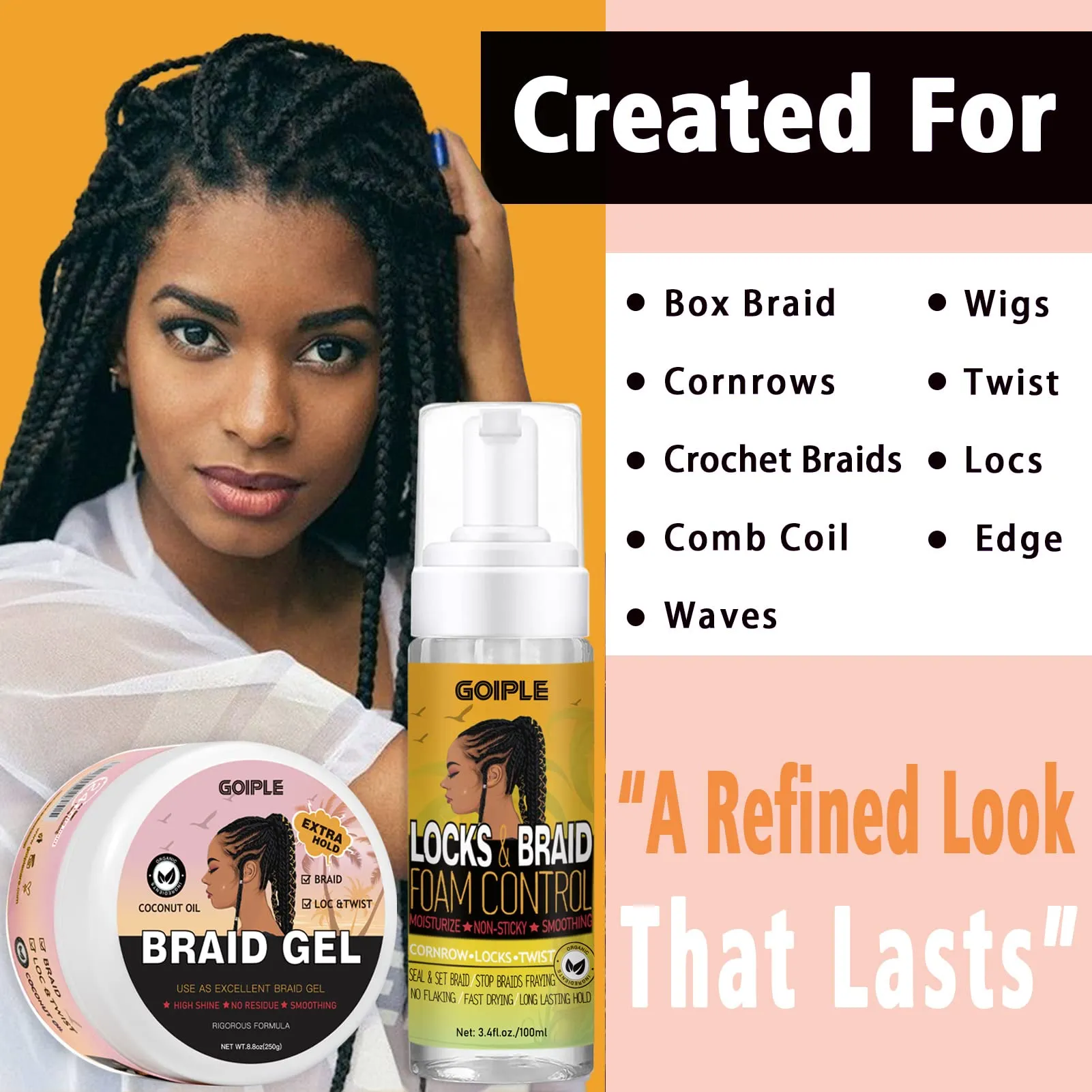 Extra Hold Braid Gel Braid Mousse Tames Frizz Smoothing Gel Good for Twist, Locs, Braids, Cornrows Edge Control, Extra Hold Braiding Gel & Rosemary Hair Growth Oil(Hair Combs Hair Bonnet Hair Clips)