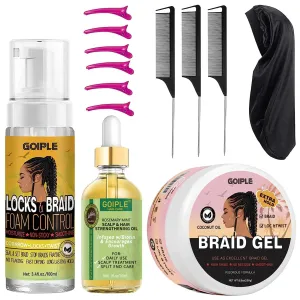 Extra Hold Braid Gel Braid Mousse Tames Frizz Smoothing Gel Good for Twist, Locs, Braids, Cornrows Edge Control, Extra Hold Braiding Gel & Rosemary Hair Growth Oil(Hair Combs Hair Bonnet Hair Clips)