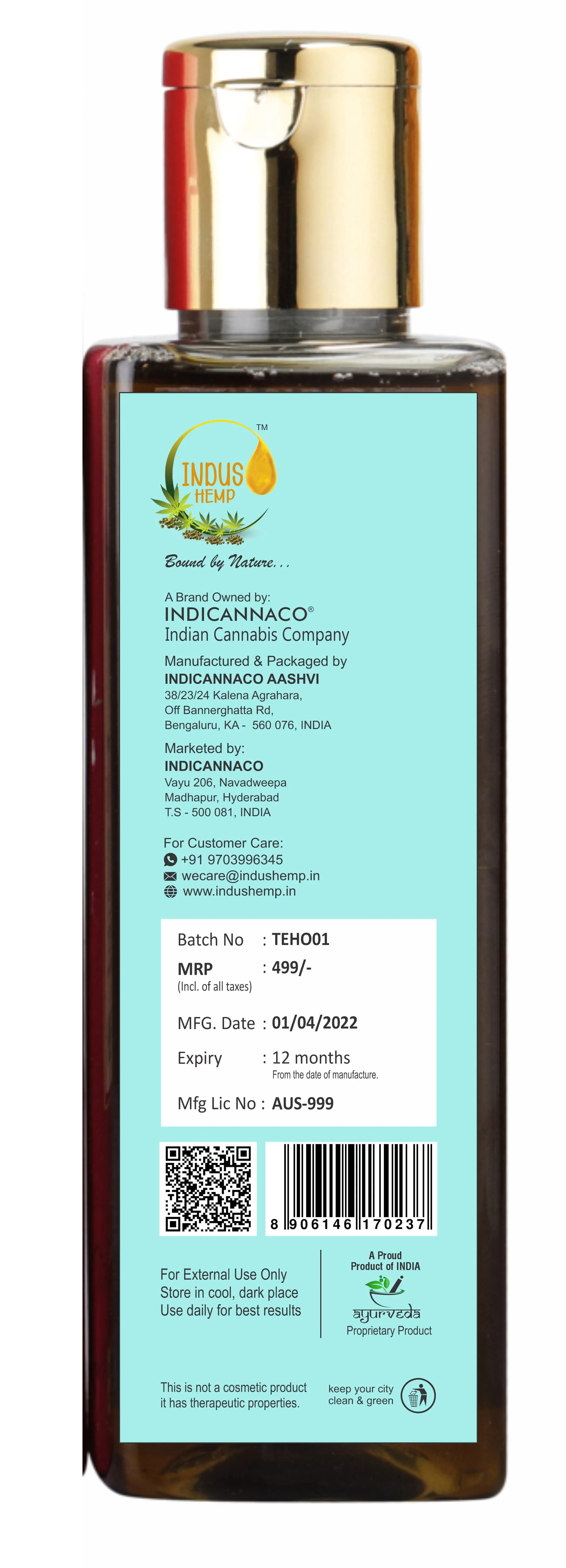 INDUS HEMP MIRACLE HEMP HAIR OIL  WITH TEA TREE OIL AND EUCALYPTUS OIL, 200ML