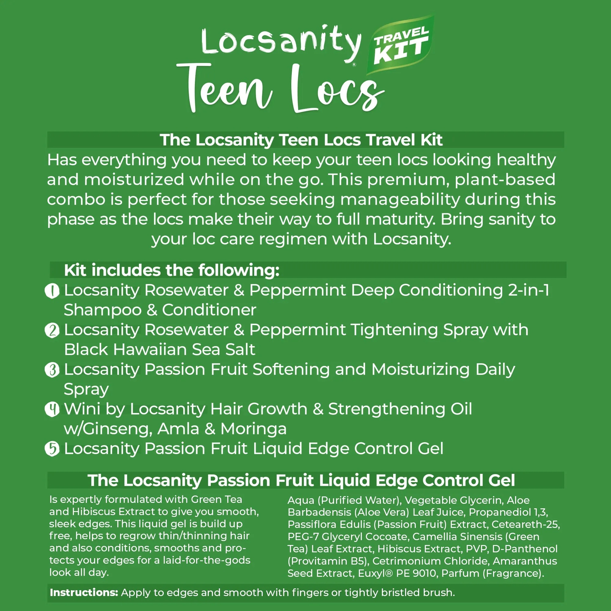 Locsanity Teen Locs Travel Sample Kit, 2-in-1 Shampoo and Conditioner, Hair Oil, Passion Fruit Moisturizing Spray, Rosewater Peppermint Tightening with Black Hawaiian Sea Salt, Liquid Edge Gel