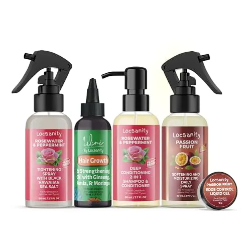 Locsanity Teen Locs Travel Sample Kit, 2-in-1 Shampoo and Conditioner, Hair Oil, Passion Fruit Moisturizing Spray, Rosewater Peppermint Tightening with Black Hawaiian Sea Salt, Liquid Edge Gel
