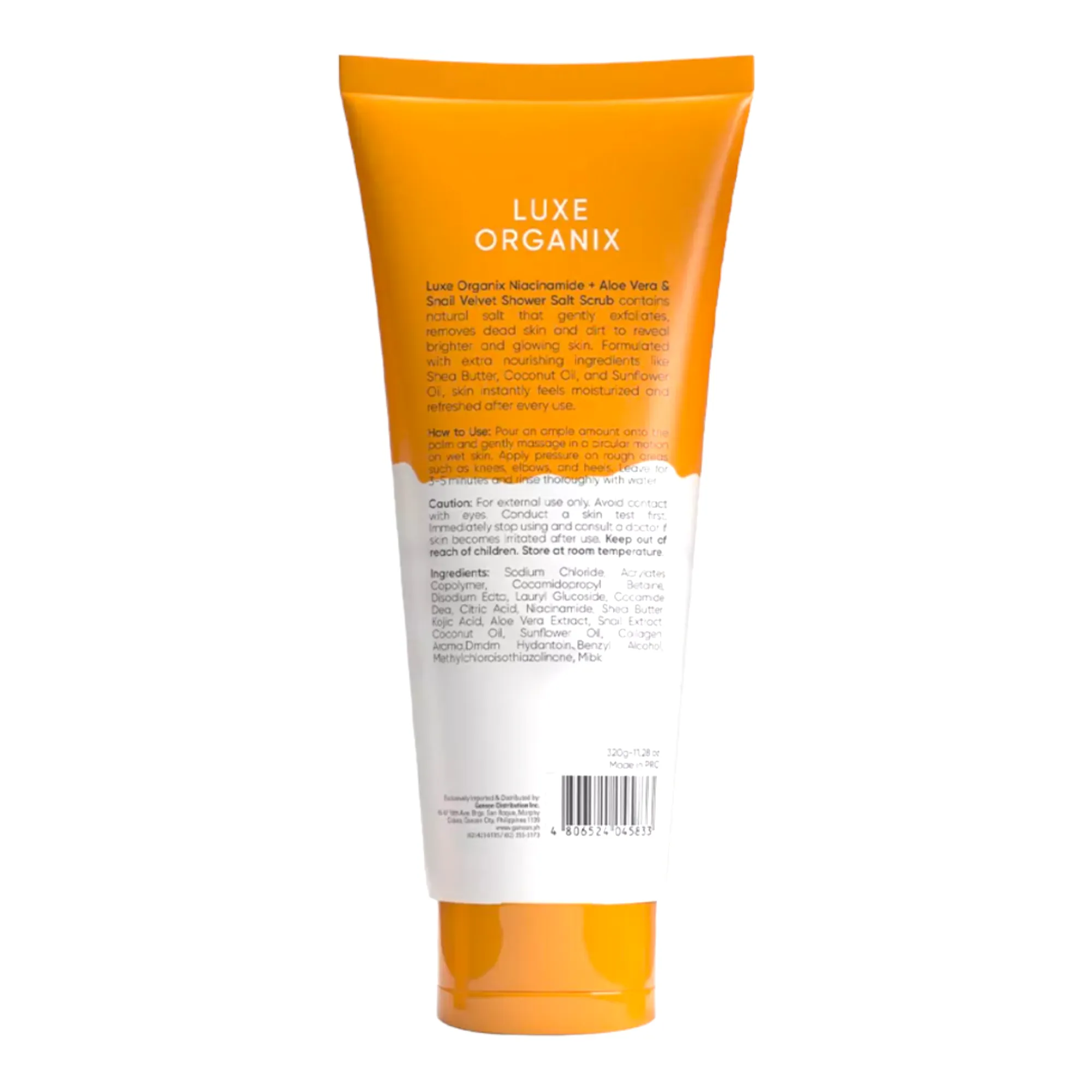 LUXE ORGANIX Niacinamide   Aloe Vera & Snail Velvet Shower Salt Scrub 320g - ( YELLOW )