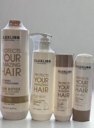 LUXLISS/LUXSILK Nano Plasty Keratin Kit (Smoothening  Treatment, Clarifying Shampoo, Daily Shampoo, Conditioner)