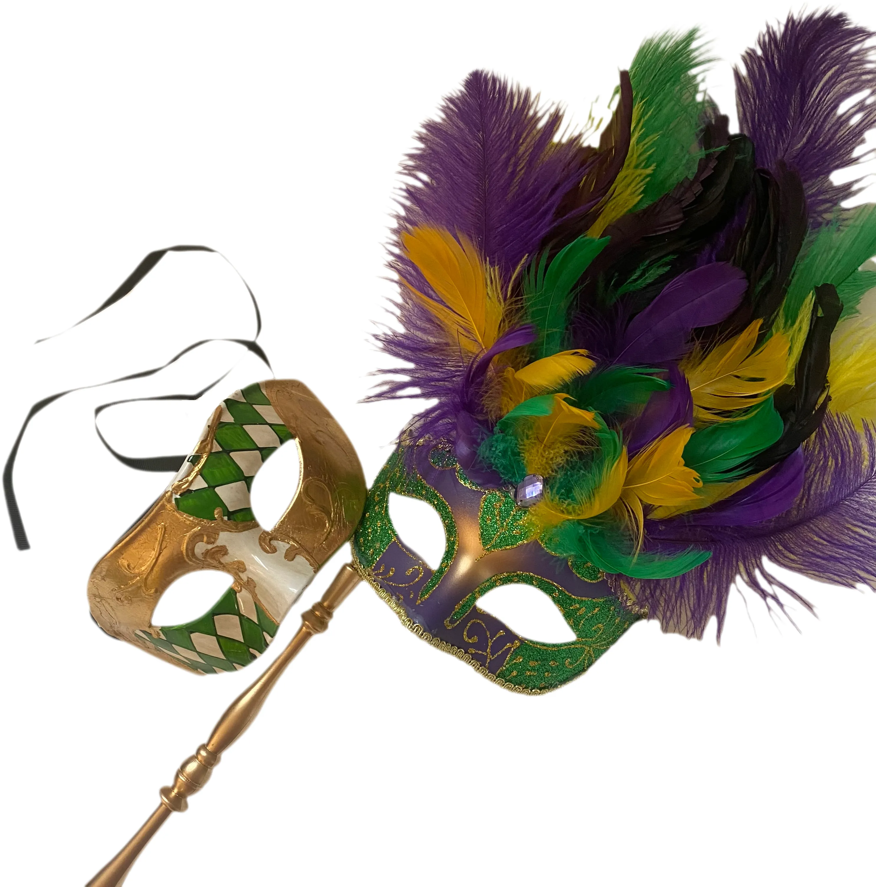 Mardi Gras Feather stick Mask Pair Costume Carnival dress up Parade Birthday Dance Prom Eye Wear