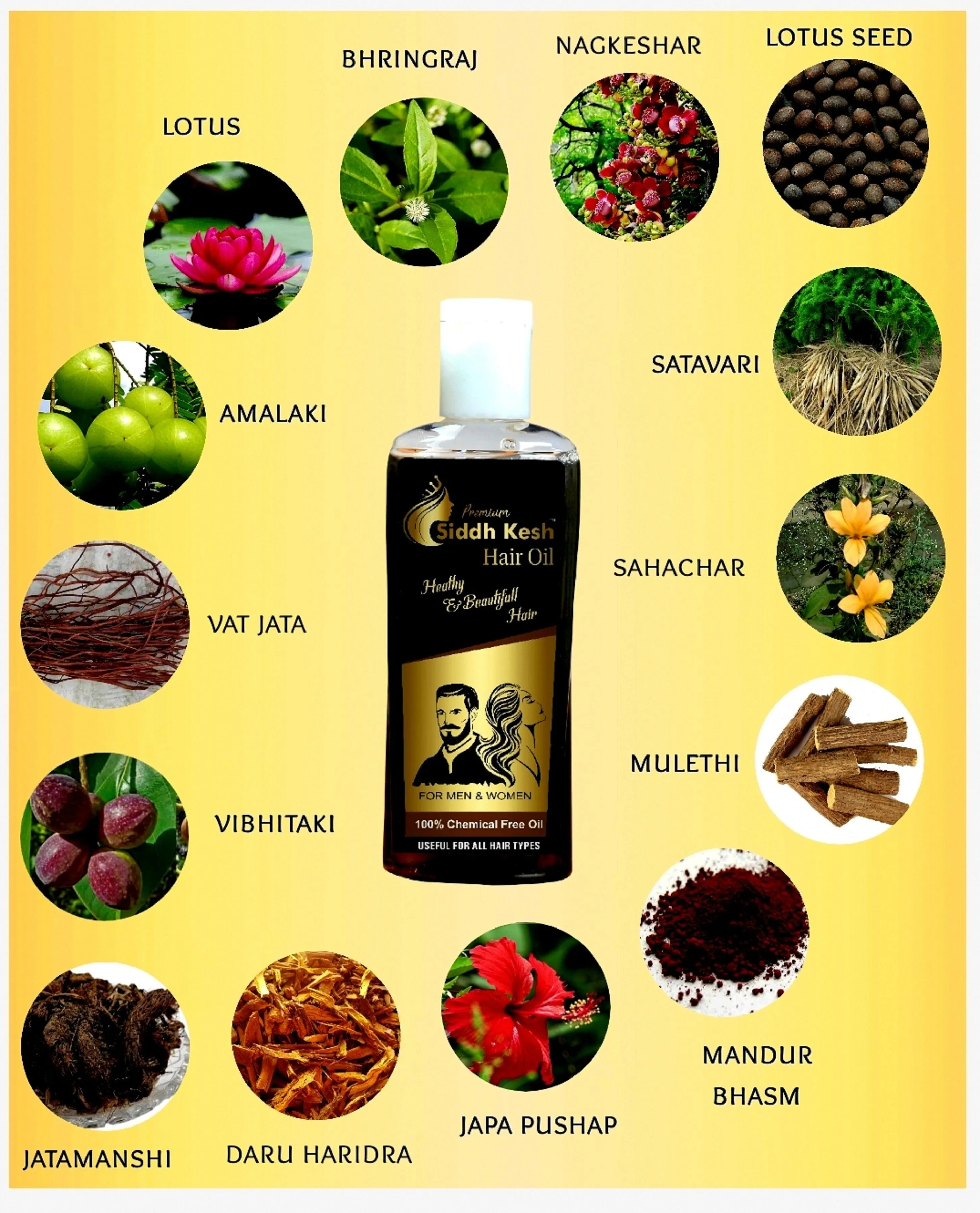 Markandey Siddh Kesh Hair Oil ,100% chemical free Oil. Made with pure 34 Ayrvedic Hearbs,These are processed using Tel Kshir Pak method,Hair Fall Control and Hair Growth 100 Ml
