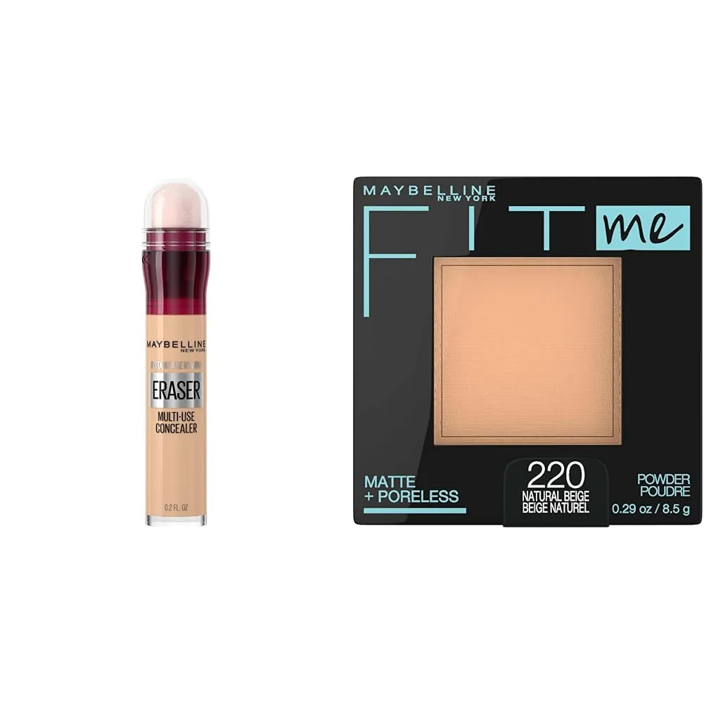 Maybelline Instant Age Rewind Dark Circles Concealer & Matte   Poreless Pressed Powder, 120 & Natural Beige, 1 Count Each