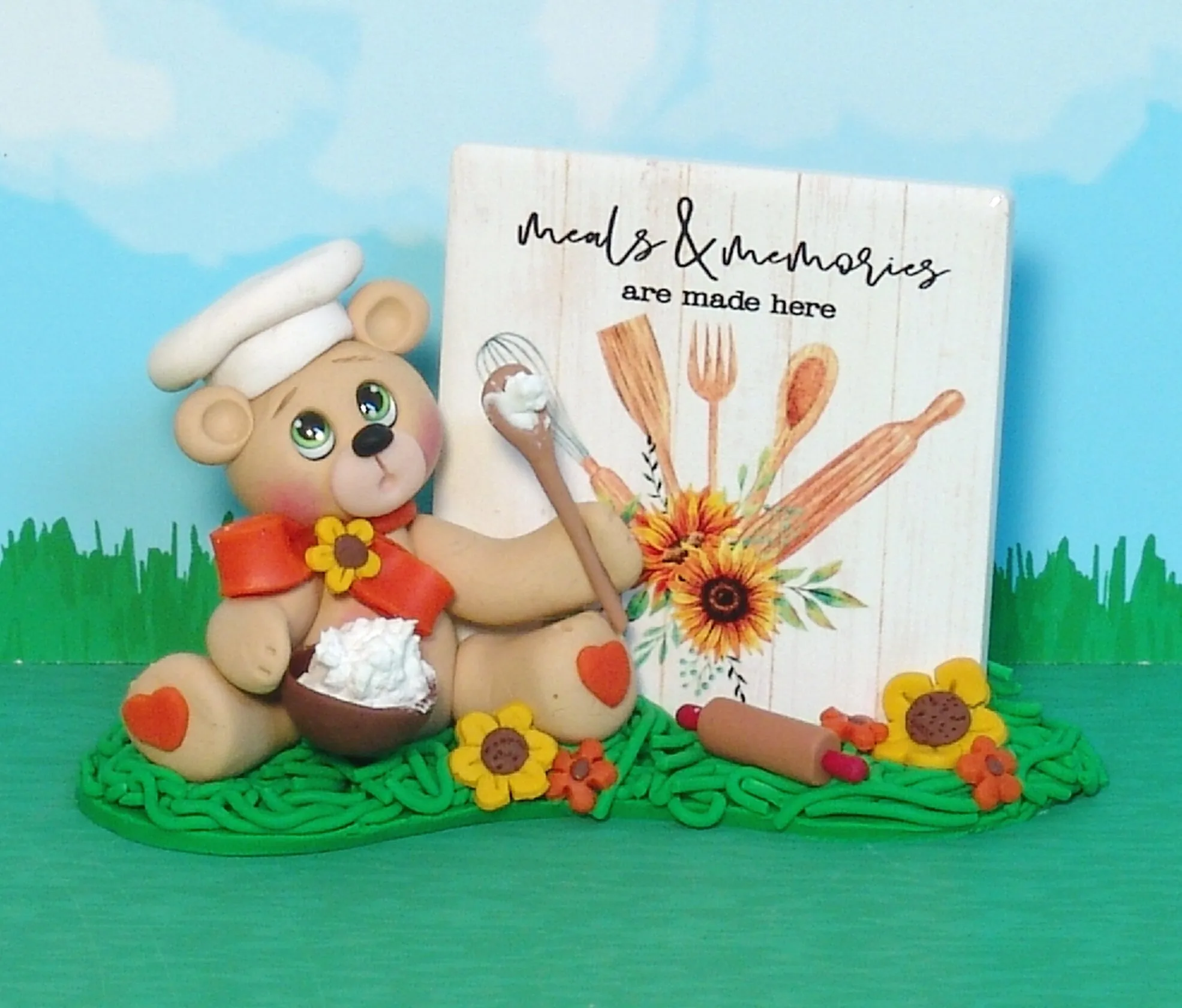 Nana's Kitchen  Collectible Bear with Bowl & Spoon Handmade Polymer Clay Figurine - Tier Tray Holiday Decor