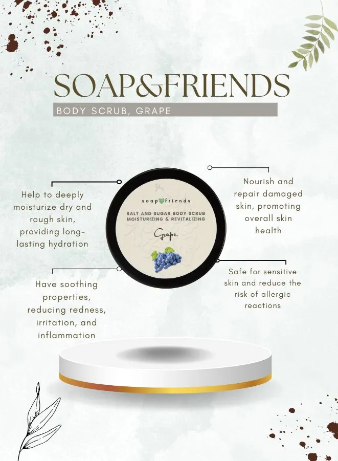 Natural Grape Body Scrub by Soap&Friends, 200ml – Exfoliating & Nourishing Scrub for Smooth, Radiant Skin