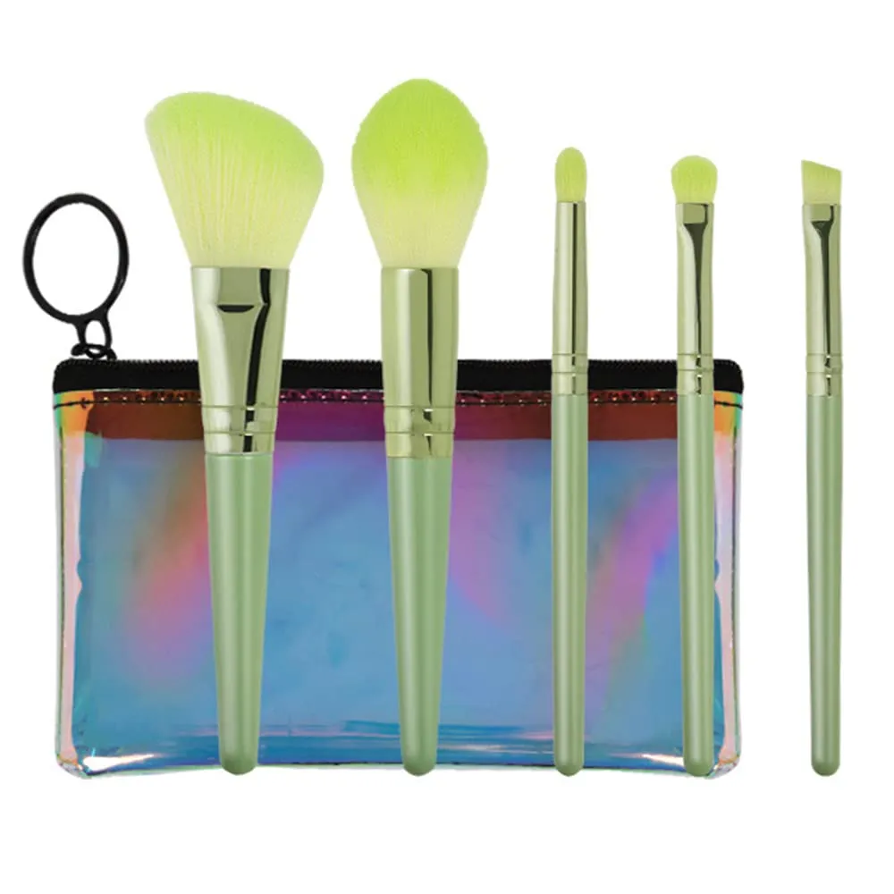 New Mini 5 Wooden Handle Makeup Brush Set Portable Beauty Loose Powder Blush Brush Fiber Hair Soft and Delicate Portable Contour Brush Full Set of Makeup Tools (5 sets   colorful zipper brush bag)