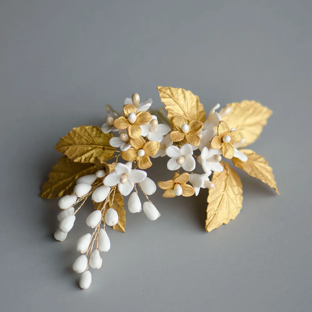 Porcelain Flowers in Gold Handmade Bridal Headpiece, Gold Hair Comb