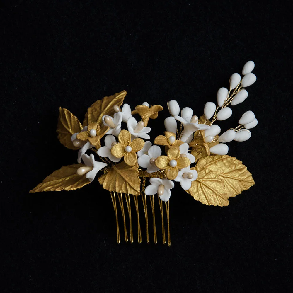 Porcelain Flowers in Gold Handmade Bridal Headpiece, Gold Hair Comb