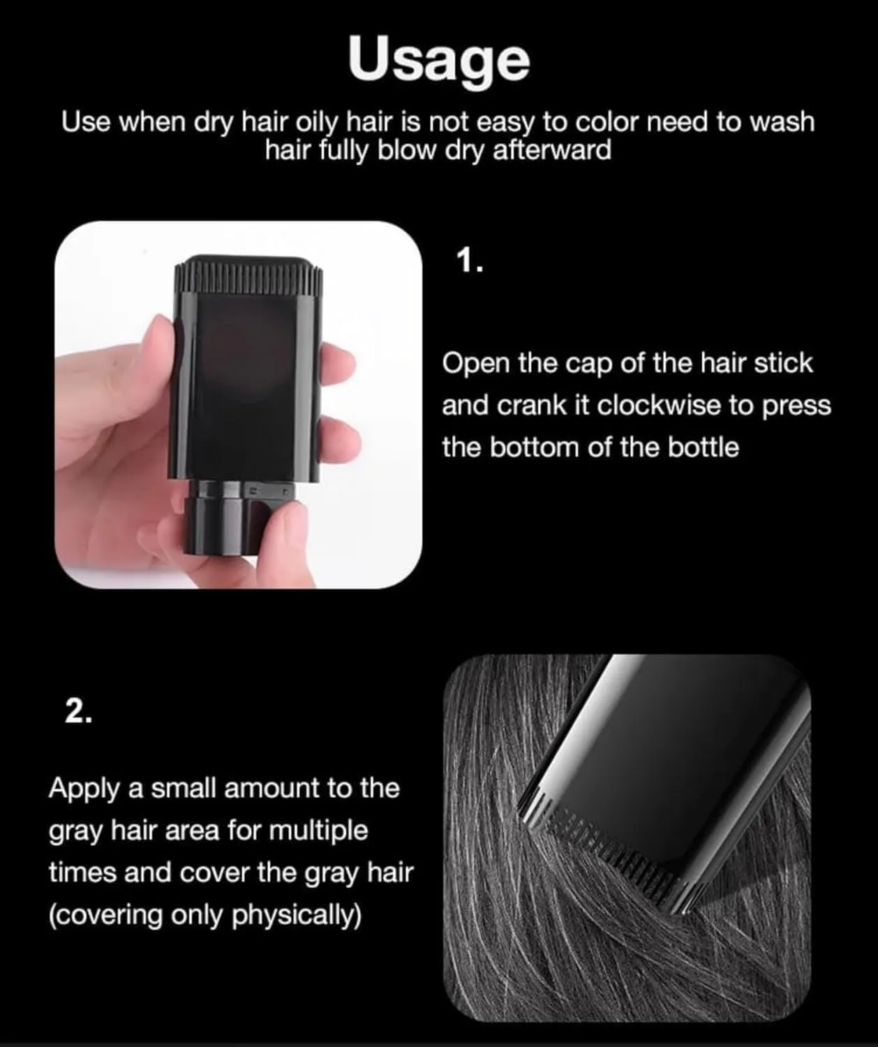 Portable Hair Concealer Stick for Gray Hair Coverage, 2PCS Safe and Convenient Comb Hair Dye for Quick Touch-Ups, 2-in-1 Waterproof and Sweat-Proof Hair Colouring Stick (Black,2)