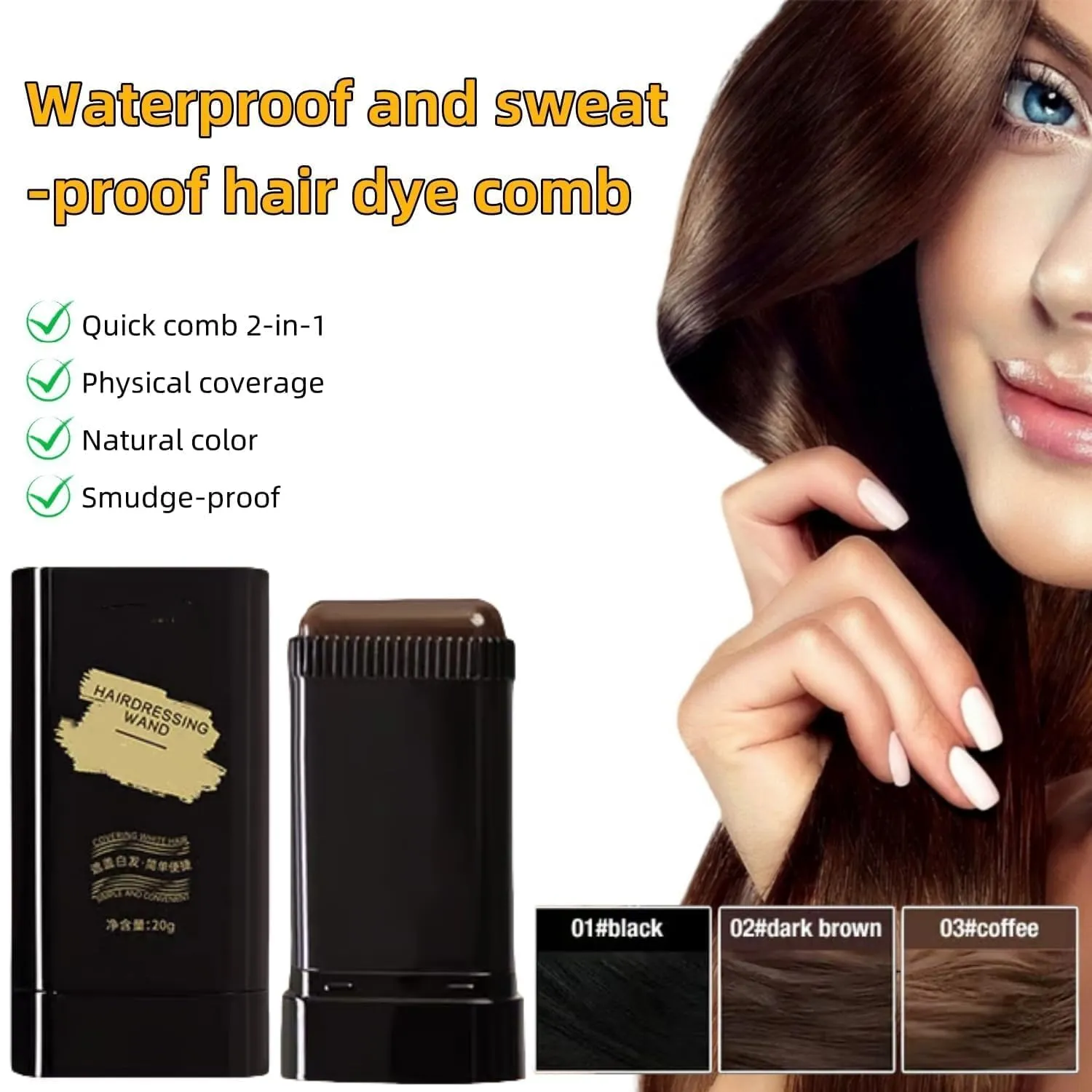 Portable Hair Concealer Stick for Gray Hair Coverage, 2PCS Safe and Convenient Comb Hair Dye for Quick Touch-Ups, 2-in-1 Waterproof and Sweat-Proof Hair Colouring Stick (Black,2)