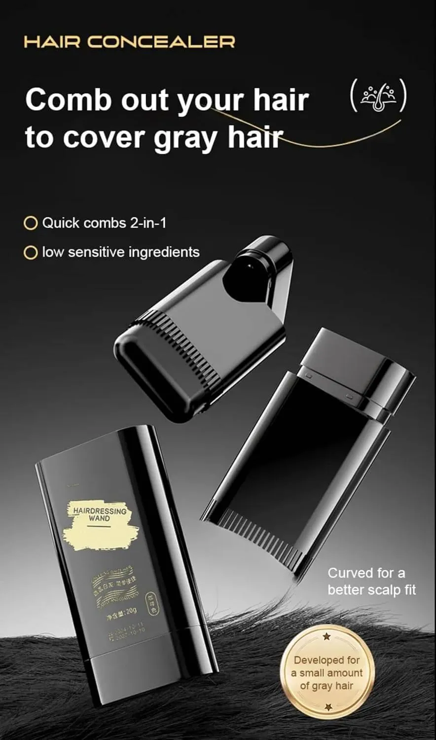 Portable Hair Concealer Stick for Gray Hair Coverage, 2PCS Safe and Convenient Comb Hair Dye for Quick Touch-Ups, 2-in-1 Waterproof and Sweat-Proof Hair Colouring Stick (Black,2)