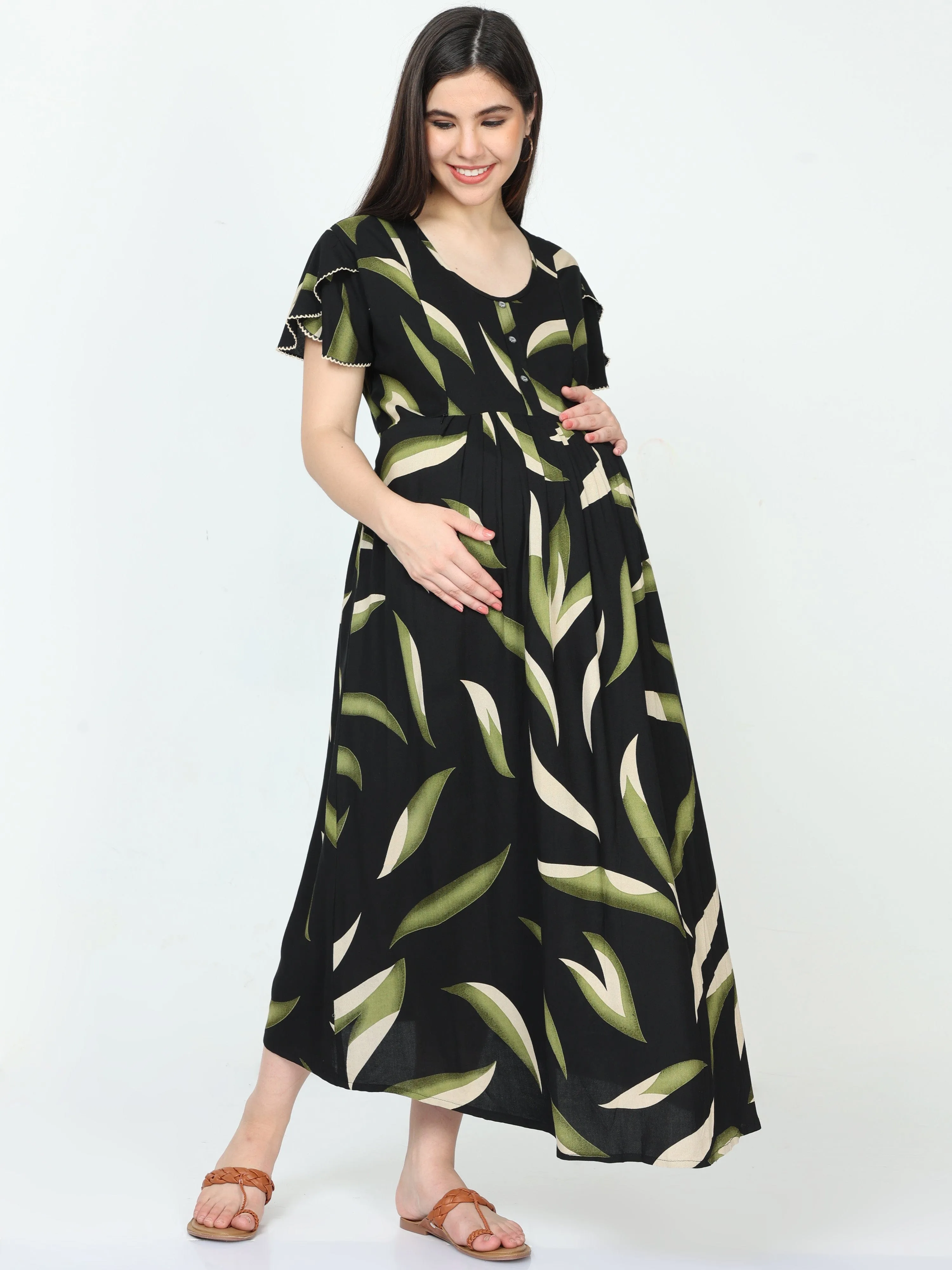 Rayon Maternity Feeding Dress Black Green