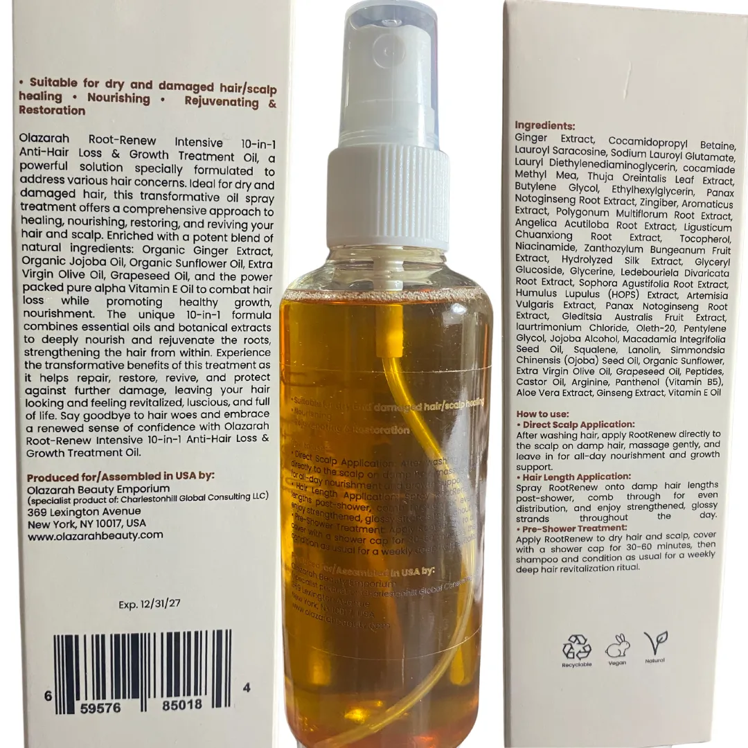 RootRenew Intensive 10-in-1 Anti-Hair Loss & Growth Treatment Oil w/Ginger Extract (for: Hair Thickening Men & Women), 4 Fl. oz