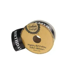 Satin Black Happy Birthday Ribbon - 2.5cm x 300cm