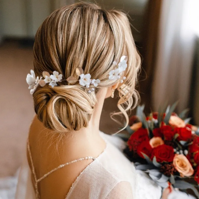 Silver Bridal Hair Vine with Flowers and Ivory Pearls 9834