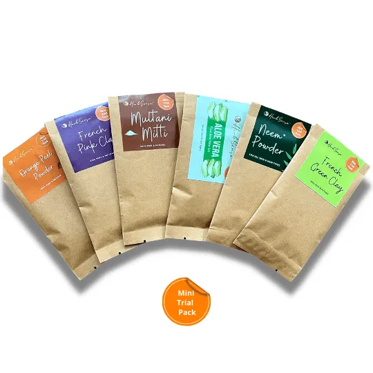 Skin Care Mini Trial Combo Pack of 6 - Aloe Vera Gel, Neem Powder, Multani Mitti, Orange Peel Powder, Pink Clay & Green Clay.