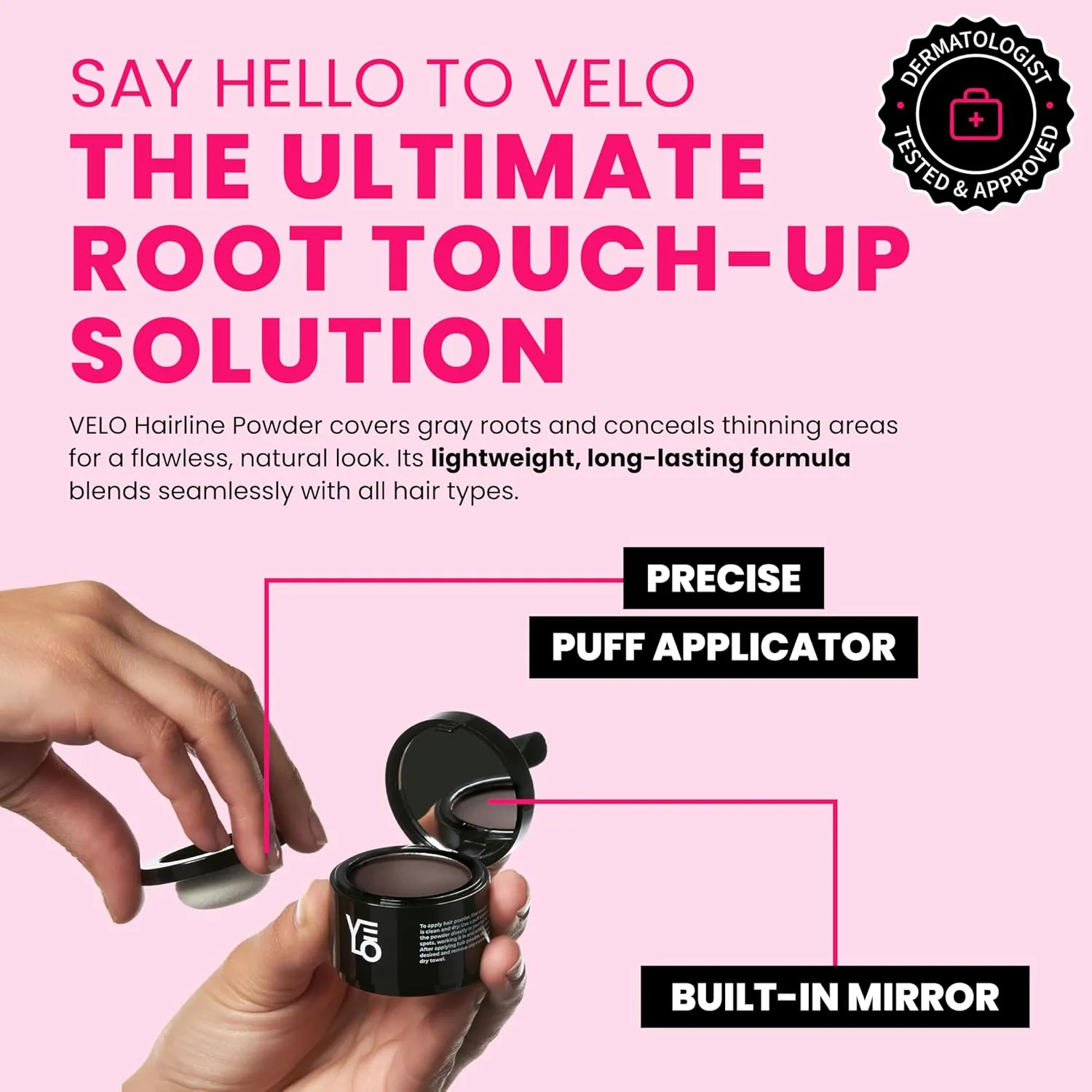 VELO Hairline PowderMEDIUM BROWN Hair Root Touch Up Powder for Women & MenInstantly Covers Gray Hair, Thinning Hair & Bald SpotsSweatproof Root Cover UpPuff & Mirror Compact, 13 Shades