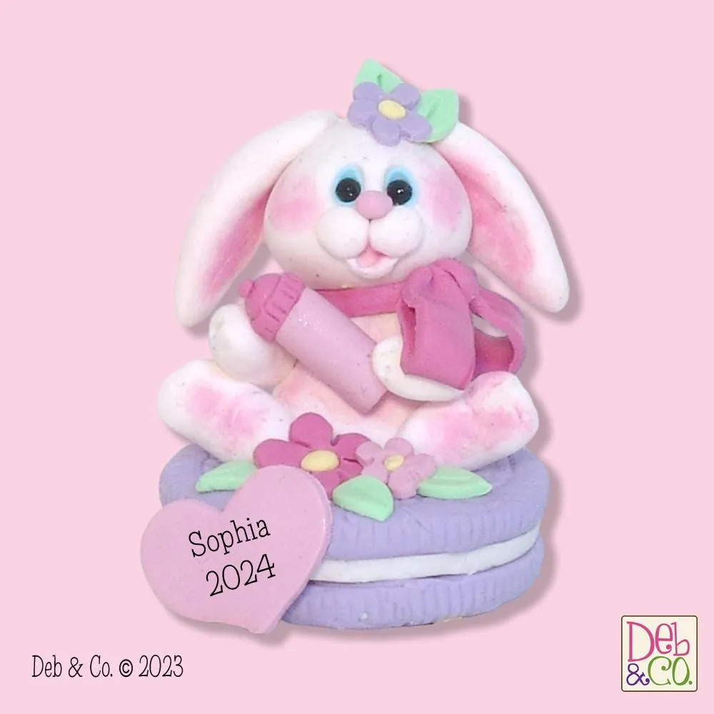 White Baby Bunny on Cookie with Baby Bottle Handmade Polymer Clay Figurine